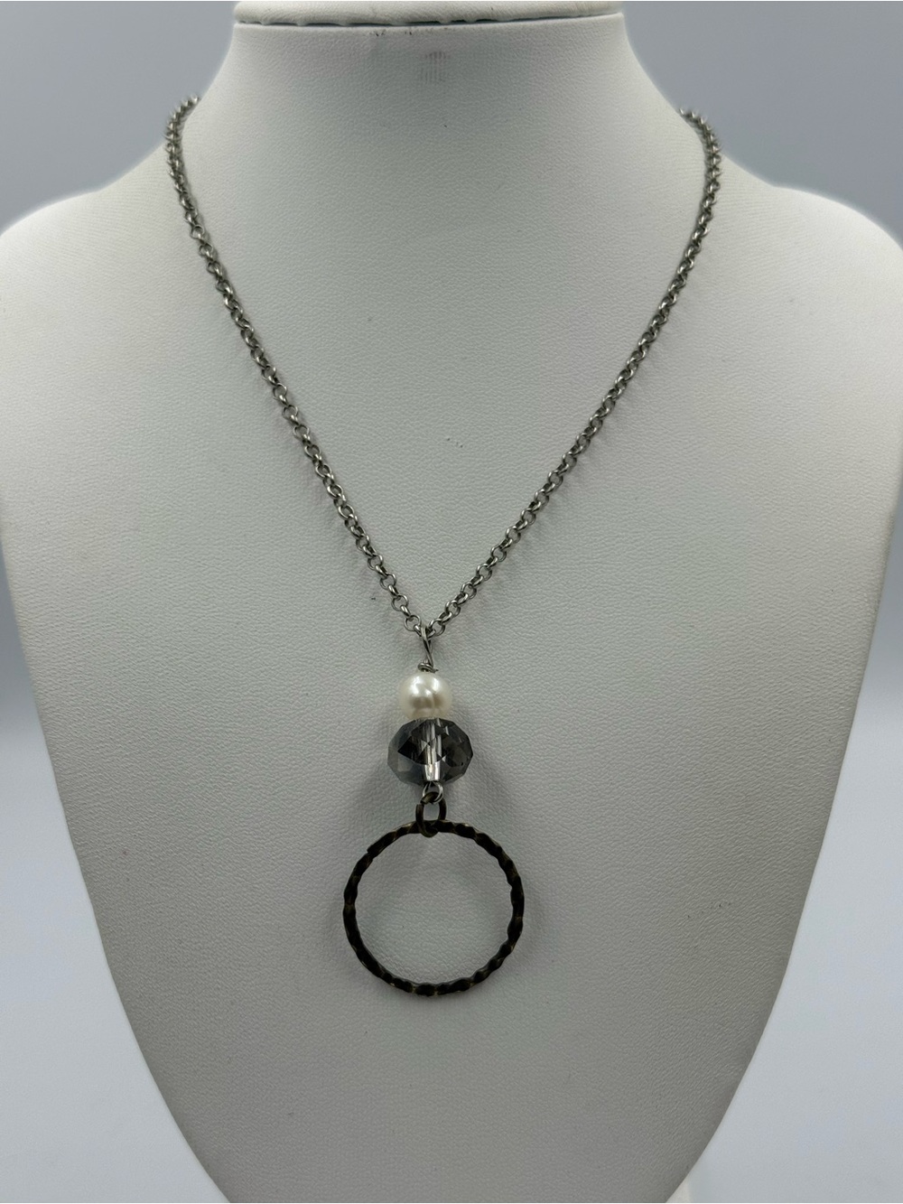 Faux Pearl and Beaded Hoop Pendant on Silver Tone Chain Simple Capsule Mixed